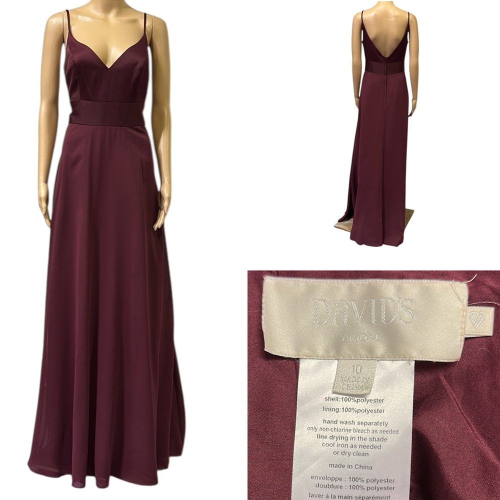 Davids Bridal Wine Spaghetti Strap Bridesmaid Maxi Formal Dress Womens 10